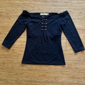 Off-Shoulder Black Women’s Top with Decorative Front gold Buttons